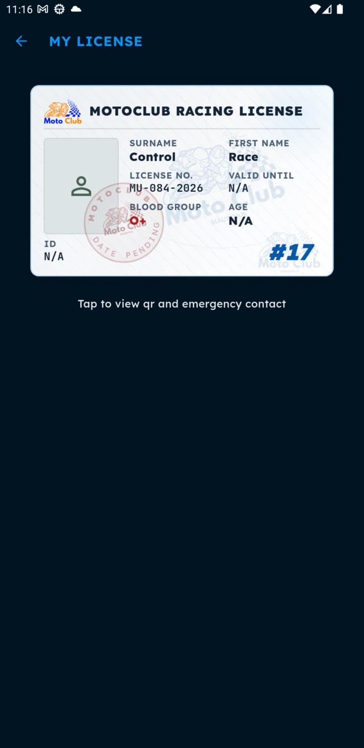 A digital racing licence card showing the licence number, blood group and race number.